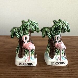 Vintage Pink Flamingo and Palm Trees Salt and Pepper Shakers • Hand Painted